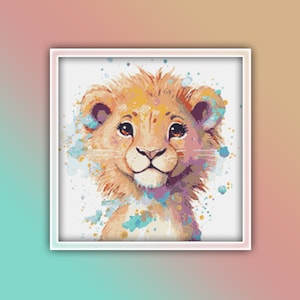Lion Cross Stitch Pattern 1 Instant PDF Download - Lion Cub Watercolor Cross Stitch Pattern - Animal Cross Stitch Pattern