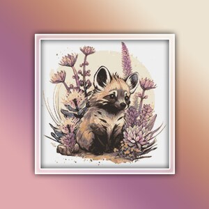 May include: A cute, cartoon-style fox cub sitting in a field of purple flowers. The fox has brown and black fur and is looking to the right. The flowers are in bloom and have a watercolor effect.