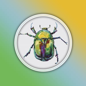 May include: A green and yellow beetle with iridescent wings is depicted in a circular frame. The beetle has a black head and six legs.