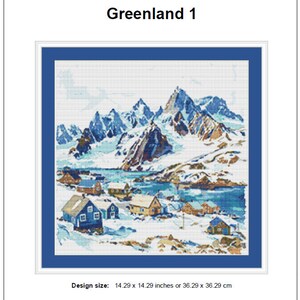 Schema punto croce Groenlandia 1 Download istantaneo del PDF - Schema punto croce acquerello paesaggio della Groenlandia, montagne innevate, oceano freddo immagine 2