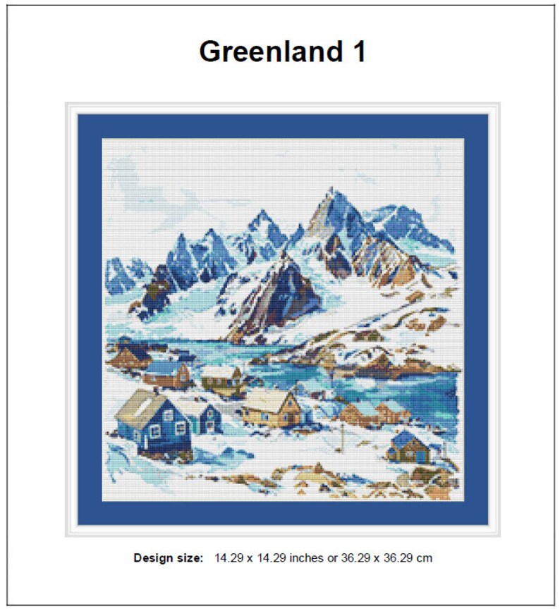 Schema punto croce Groenlandia 1 Download istantaneo del PDF - Schema punto croce acquerello paesaggio della Groenlandia, montagne innevate, oceano freddo immagine 2