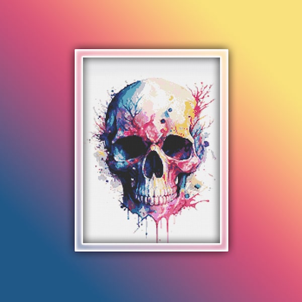 Human Skull Cross Stitch Pattern 4 Instant PDF Download - Splash Skull Colorful Watercolor Cross Stitch Pattern - Skull Anatomy
