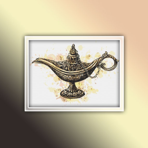 Magic Lamp Cross Stitch Pattern 1 Instant PDF Download - Aladdin Watercolor Cross Stitch Pattern - Oil Lamp Cross Stitch Pattern