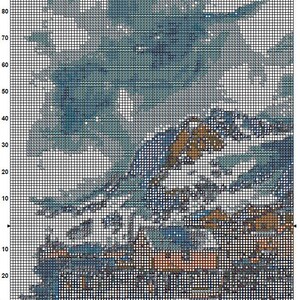 May include: A cross stitch pattern chart for a colourful abstract design with shades of blue, green, and brown. The chart is labelled "Greenland 2" and is part of a larger project.