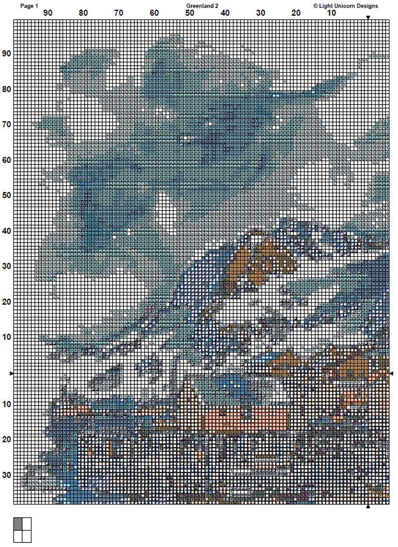May include: A cross stitch pattern chart for a colourful abstract design with shades of blue, green, and brown. The chart is labelled "Greenland 2" and is part of a larger project.