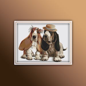 Basset Hounds Cross Stitch Pattern 1 Instant PDF Download - Basset Hound Watercolor Cross Stitch Pattern - Dog Cross Stitch Pattern