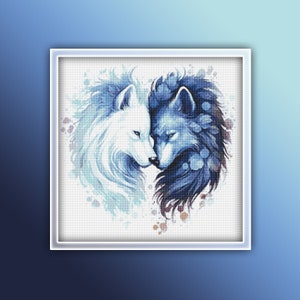May include: A digital painting of two wolves, one white and one black, with their heads touching. The wolves are surrounded by blue and white watercolor splatters.