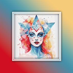 Harlequin Cross Stitch Pattern 1 Instant PDF Download - Joker Woman Watercolor Cross Stitch Pattern - Clown Cross Stitch Pattern