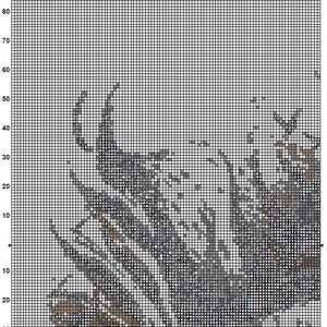May include: A black and white cross stitch pattern featuring a detailed design of a wolf howling at the moon. The pattern is on a grid with numbers and lines to guide the stitching.