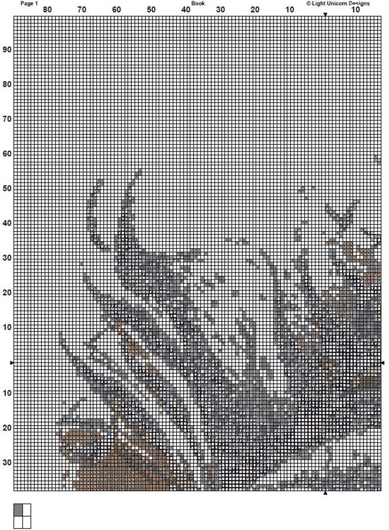 May include: A black and white cross stitch pattern featuring a detailed design of a wolf howling at the moon. The pattern is on a grid with numbers and lines to guide the stitching.
