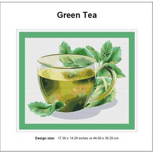 May include: A glass cup of green tea with a sprig of green leaves. The design size is 17.36 x 14.29 inches or 44.09 x 36.29 cm.