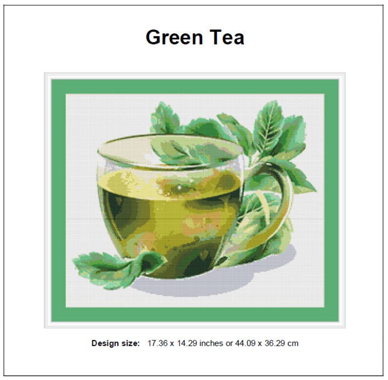 May include: A glass cup of green tea with a sprig of green leaves. The design size is 17.36 x 14.29 inches or 44.09 x 36.29 cm.