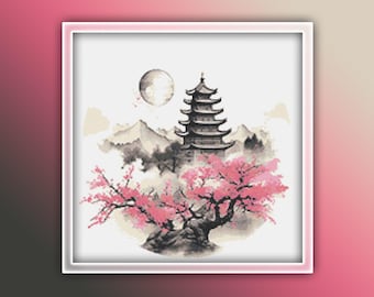 Japanese Landscape Cross Stitch Pattern 25 Instant PDF Download - Cherry Blossom Tree Watercolor Cross Stitch Pattern - Japan Cross Stitch