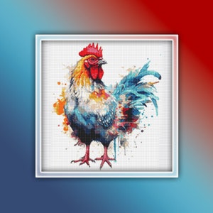 May include: A colourful rooster with a red comb and wattle, blue and green feathers, and a white background with watercolour splatters.