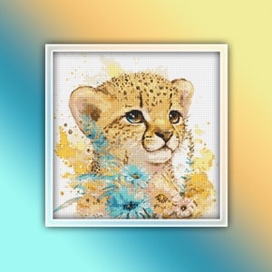 Cheetah Cross Stitch Pattern 8 Instant PDF Download - Cheetah Watercolor Cross Stitch Pattern - Animal Cross Stitch Pattern - Cheetah Cub