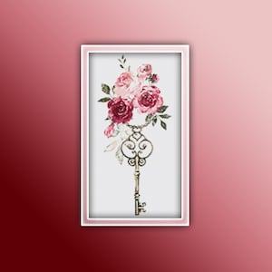 Rose Key Cross Stitch Pattern 6 Instant PDF Download - Roses Watercolor Cross Stitch Pattern - Keys Cross Stitch Pattern