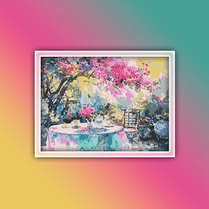 Puede incluir: Una pintura de una mesa puesta para tomar el té en un jardín, con un árbol de flores rosas por encima. La mesa está cubierta con un mantel azul y blanco y tiene una tetera, tazas y platillos. Hay una silla junto a la mesa.