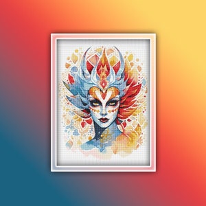 May include: A colorful digital painting of a woman with a crown of flames and intricate patterns. Her face is painted with blue and white, and her eyes are a bright yellow. The background is a soft watercolor wash of yellow, orange, and red.