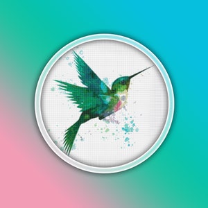 Green Hummingbird Cross Stitch Pattern Instant PDF Download - Green Hummingbird Watercolor Cross Stitch Pattern - Bird Cross Stitch Pattern