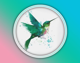 Green Hummingbird Cross Stitch Pattern Instant PDF Download - Green Hummingbird Watercolor Cross Stitch Pattern - Bird Cross Stitch Pattern