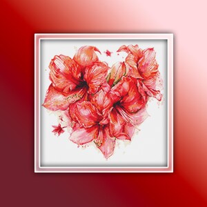 Amarylis Heart Cross Stitch Pattern 1 Instant PDF Download - Amaryllis Flower Watercolor Cross Stitch Pattern