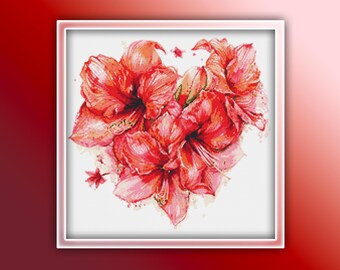 Patrón de punto de cruz Corazón de amarilis 1 Descarga instantánea en PDF - Patrón de punto de cruz de acuarela de flor de amarilis