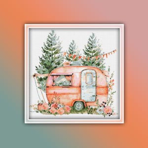Camper Cross Stitch Pattern 1 Instant PDF Download - Camping Watercolor Cross Stitch Pattern - Vintage Camper Cross Stitch