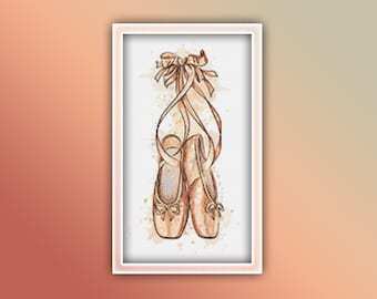 May include: A pair of ballet shoes with pink satin ribbons tied together. The shoes are a light brown color and have a worn look. The background is a white canvas with a watercolor effect.