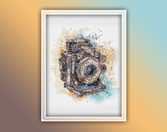 May include: A vintage camera with a brown leather body and a silver lens is depicted in a watercolor style. The camera is surrounded by a light blue and yellow watercolor background.