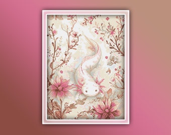 Patrón de punto de cruz Axolotl 1 Descarga instantánea en PDF - Patrón de punto de cruz de acuarela Axolotl blanco y rosa - Patrón de punto de cruz animal