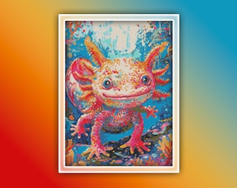 Patrón de punto de cruz Axolotl 2 Descarga instantánea en PDF - Patrón de punto de cruz de acuarela Axolotl blanco y rosa - Patrón de punto de cruz animal