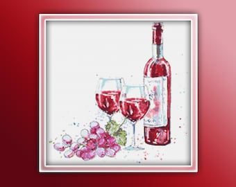 May include: A white background with a bottle of red wine, two glasses of red wine, and a bunch of red grapes.
