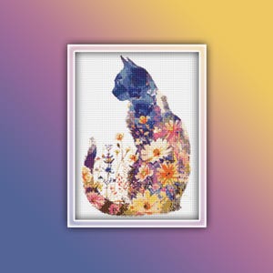 Blumen Katze Kreuzstich Muster 4 Sofort PDF Download - Weiß Orange Blumen Katze Aquarell Kreuzstich Muster Tier Kreuzstich