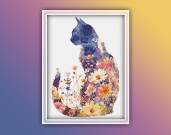 Padrão de ponto cruz de gato floral 4 Download instantâneo em PDF - Padrão de ponto cruz de aquarela de gato com flores brancas e laranja Ponto cruz animal