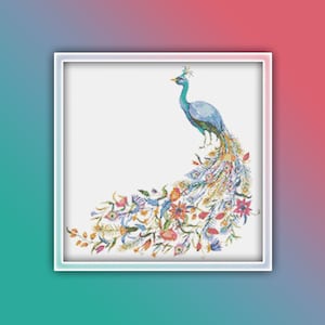 Peacock Cross Stitch Pattern 11 Instant PDF Download | Blue and Cream Peacock Watercolor Cross Stitch Pattern | Bird Cross Stitch Pattern