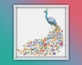Peacock Cross Stitch Pattern 11 Instant PDF Download | Blue and Cream Peacock Watercolor Cross Stitch Pattern | Bird Cross Stitch Pattern