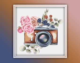 Camera Cross Stitch Pattern 3 Instant PDF Download - Camera Watercolor Cross Stitch Pattern