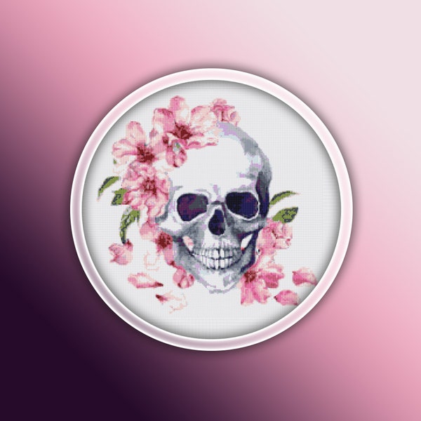 Skull Cross Stitch Pattern 3 Instant PDF Download - Pink Flower Skull Watercolor Cross Stitch Pattern - Human Skull