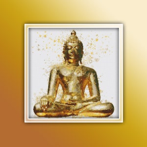 Golden Buddha Statue Cross Stitch Pattern Instant PDF Download - Golden Buddha Watercolor Cross Stitch Pattern