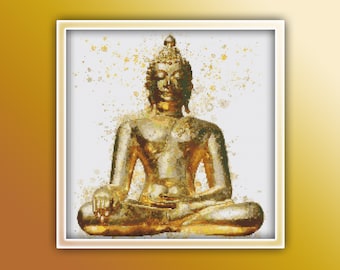 Golden Buddha Statue Cross Stitch Pattern Instant PDF Download - Golden Buddha Watercolor Cross Stitch Pattern
