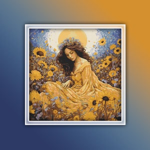 Femme dans un champ de fleurs motif point de croix 1 Téléchargement instantané en PDF - aquarelle femme motif point de croix - fleurs jaunes - tournesols