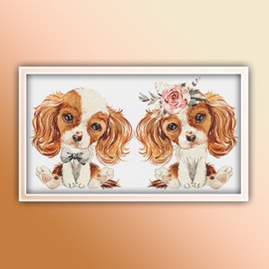 Cavalier Spaniel Couple Love Dog Cross Stitch Pattern 1 Instant PDF Download - Cavalier King Charles Spaniel Puppy Dog Watercolor