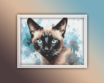 Könnte beinhalten: Eine Siamkatze mit blauen Augen ist in Aquarelltechnik mit blauem und weißem Spritzlack im Hintergrund dargestellt.
