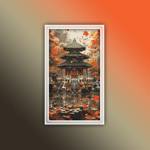 Temple Cross Stitch Pattern 1 Instant PDF Download - Chinese Temple Watercolor Cross Stitch Pattern - Japanese Temple