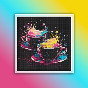 May include: Two black coffee cups with colorful paint splatters, resembling a splash of liquid, on a black background.
