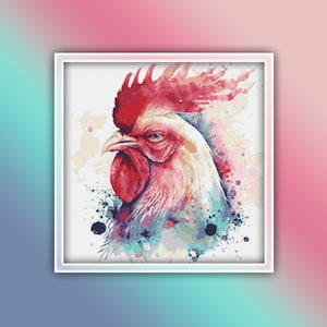 Coq motif point de croix 3 Téléchargement instantané en PDF - aquarelle poulet au point de croix - oiseau point de croix