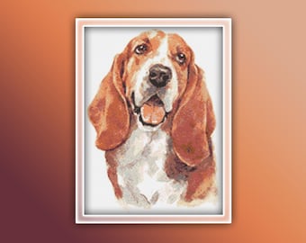 Patrón de punto de cruz Basset Hound 10 Descarga instantánea en PDF - Patrón de punto de cruz de acuarela Basset Hound - Patrón de punto de cruz animal
