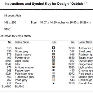 May include: A cross-stitch pattern instruction sheet titled "Instructions and Symbol Key for Design 'Ostrich 1'". It includes fabric, stitch, and colour details, with a size of 26.85 x 36.29 cm. The sheet lists DMC colours and symbols for the design.