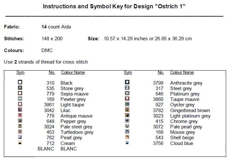 May include: A cross-stitch pattern instruction sheet titled "Instructions and Symbol Key for Design 'Ostrich 1'". It includes fabric, stitch, and colour details, with a size of 26.85 x 36.29 cm. The sheet lists DMC colours and symbols for the design.