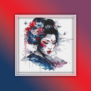 Geisha Cross Stitch Pattern 2 Instant PDF Download - Japanese Woman Watercolor Cross Stitch Pattern - Japanese Courtesan Watercolor